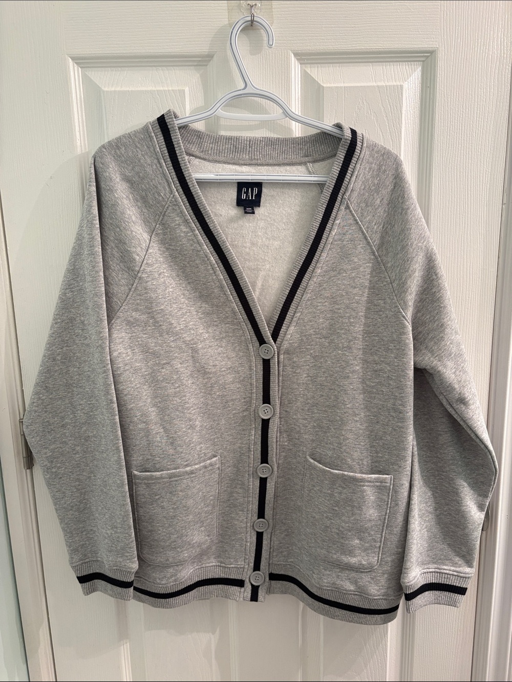 GAP Gray Button-Up V-Neck Cardigan with Black Trim